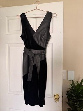 BCBG Black Faux-Leather/Stretch Velvet Panel Midi Dress with Tie Waist